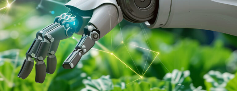 Robotic Hand Touching Green Plant