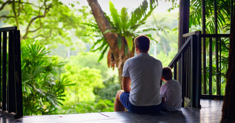Father And Son Sitting On Tree House Stairs In Tropical Forest