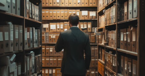 Businessman In Archive Room Searching Files