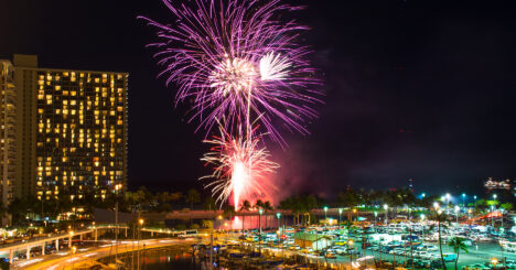 Friday Night Fireworks In Waikiki Over Ala Wai Boat Harbor In Ho